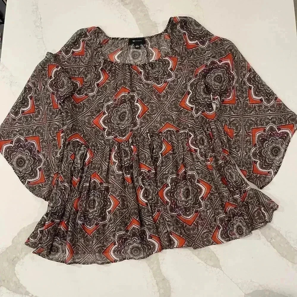 AB Studio Floral Paisley Sheer Blouse Boho Flared Sleeve Women's Large Hippie